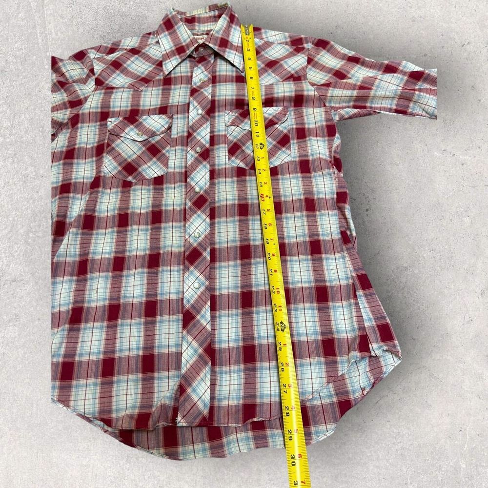 Vtg 70s Bronco Western Mens Fits Medium‎ Red Plaid Pearl Snap - Picture 7 of 9
